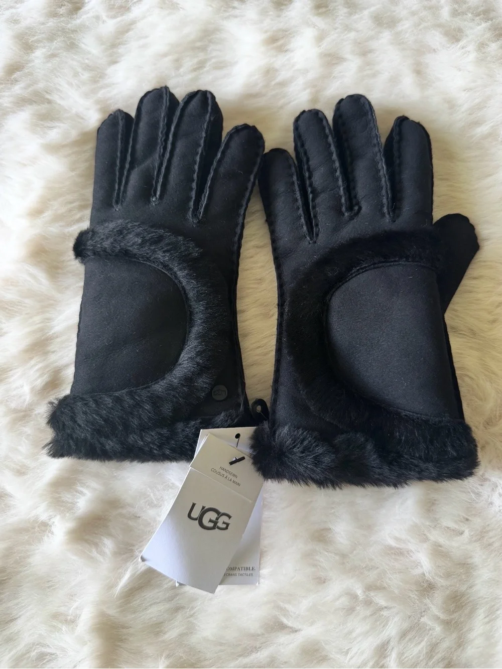 UGG Black Suede-Look Faux Fur Trim Women's Gloves